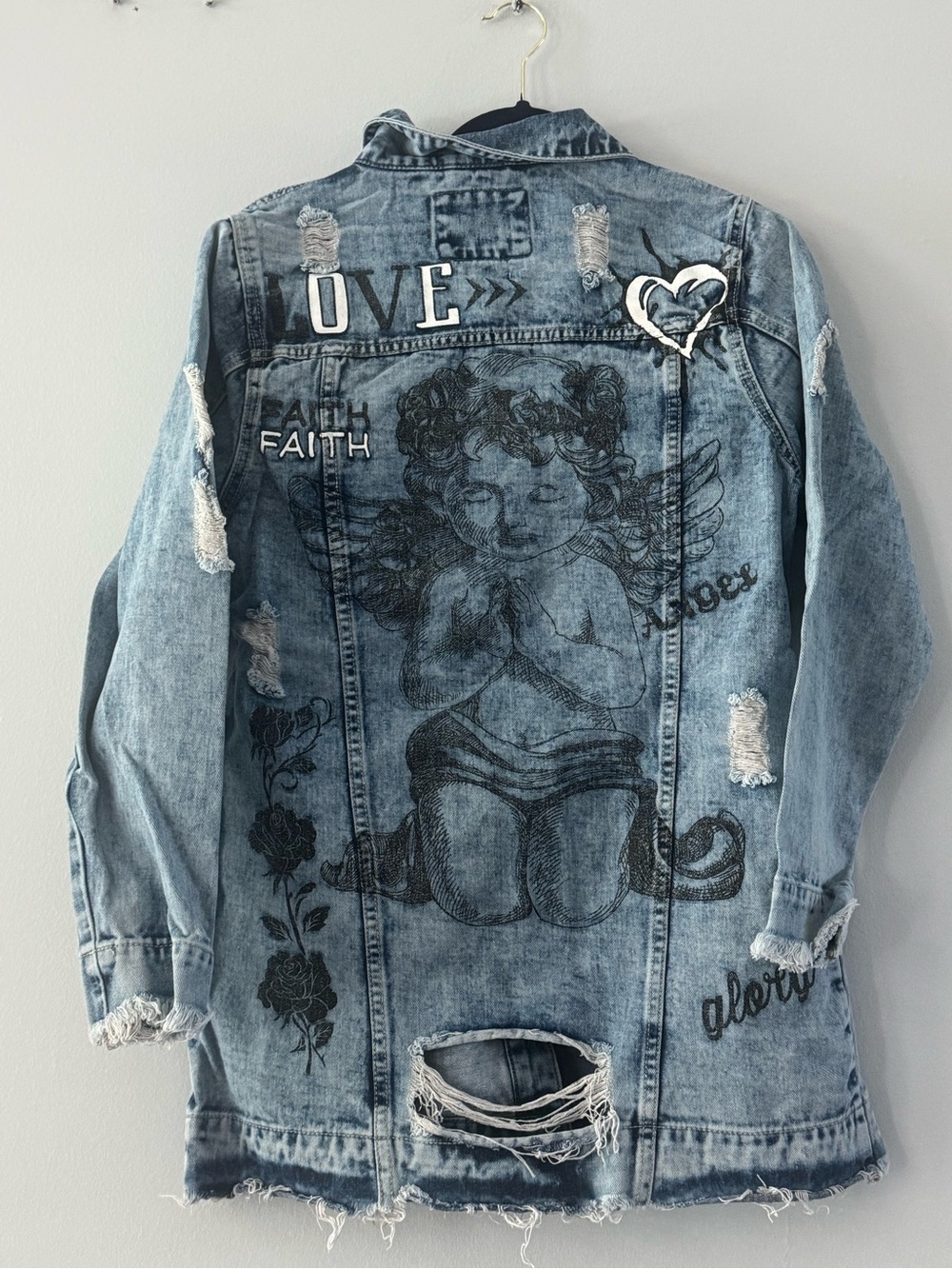 Distressed Light Blue Denim Jean Jacket with Angel Graphic